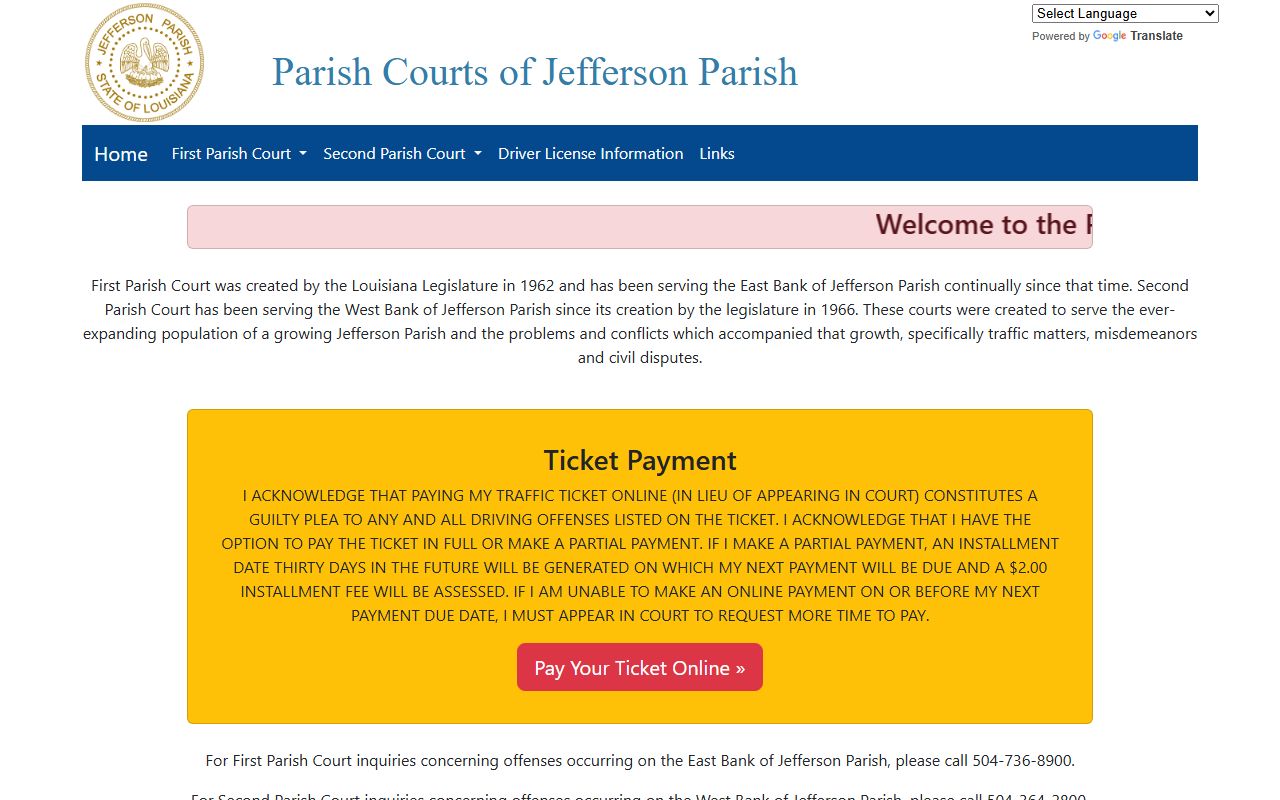 Jefferson Parish First Parish Court page covering Metairie traffic records