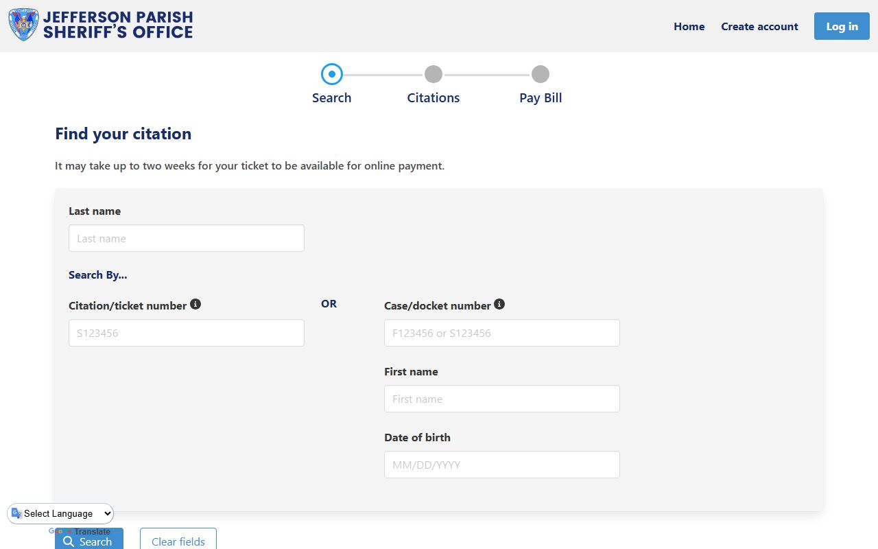 Jefferson Parish Sheriff's Office online ticket payment portal