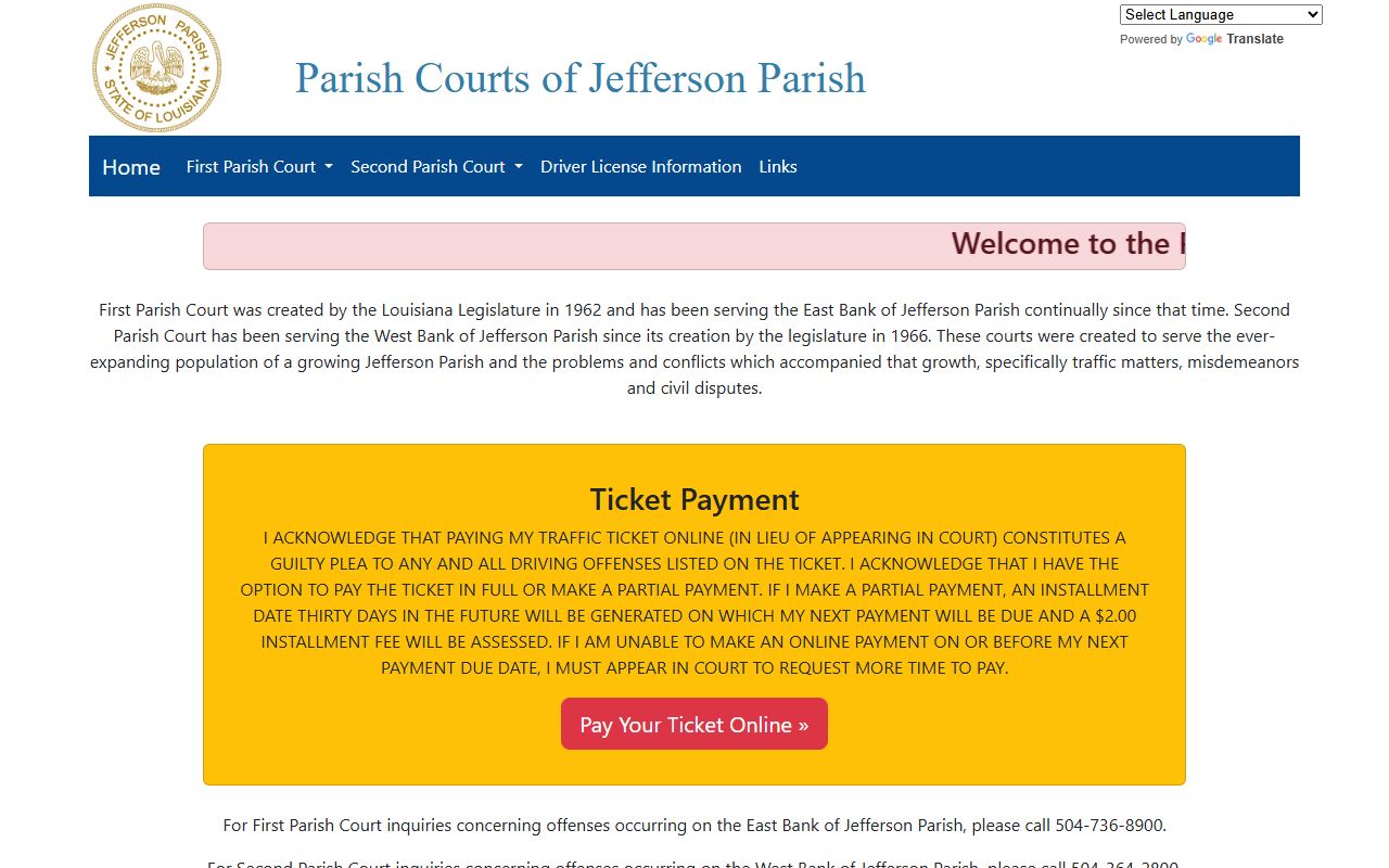 Jefferson Parish Courts information website