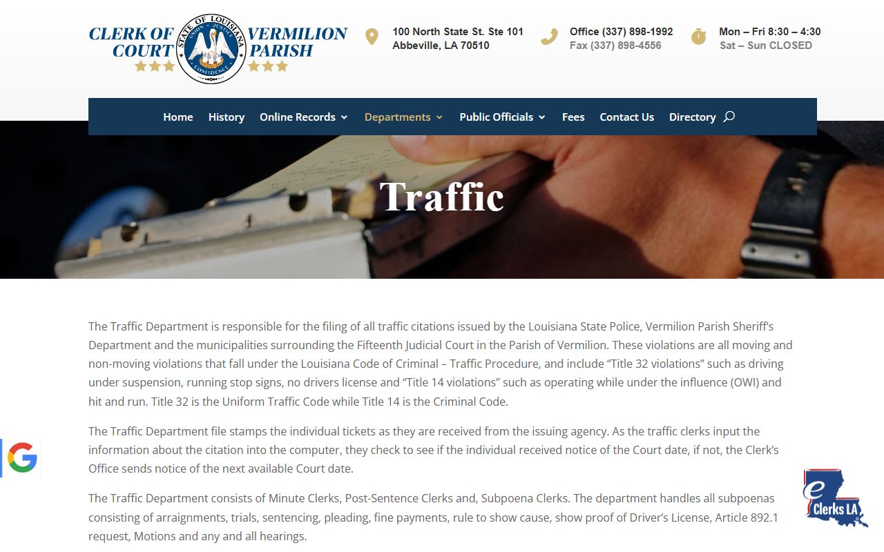 Vermilion Parish Clerk of Court Traffic Department page