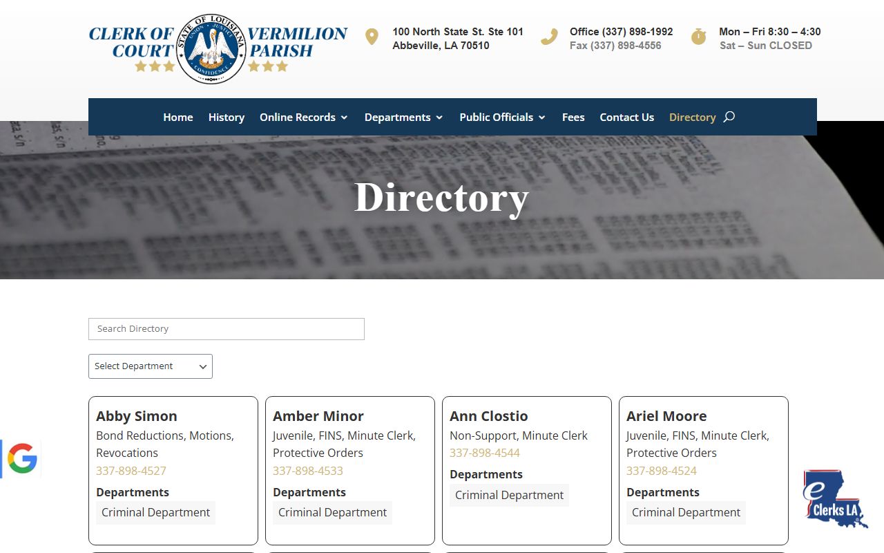 Vermilion Parish Clerk of Court staff directory