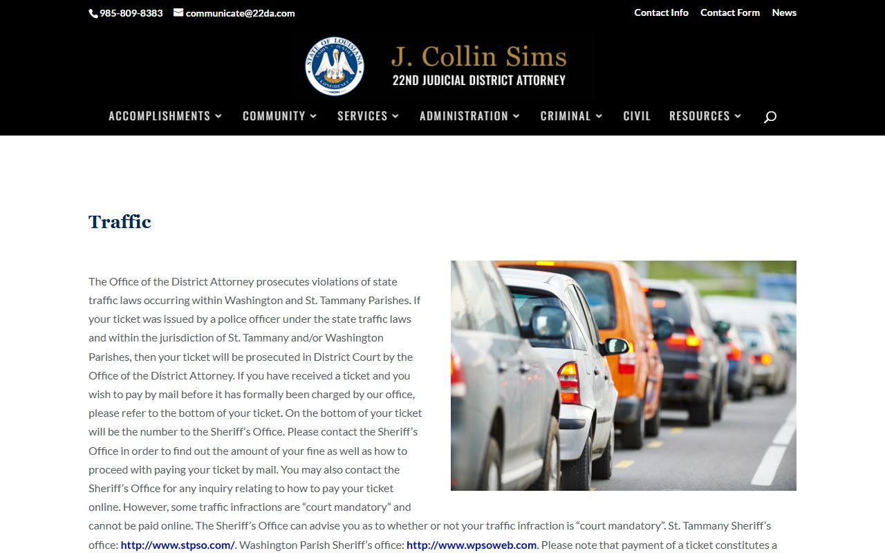 22nd JDC District Attorney traffic prosecution information