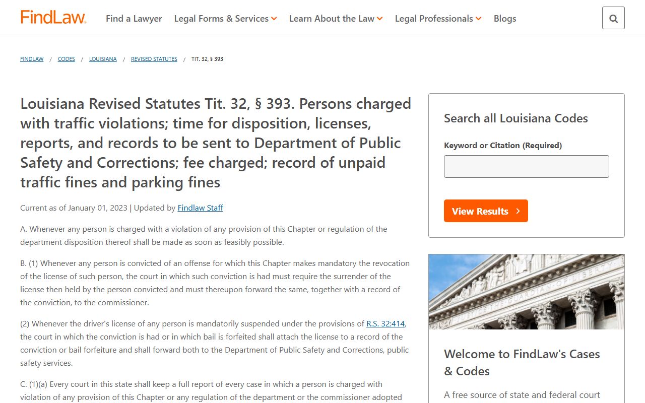 Louisiana R.S. 32:393 statute page for traffic ticket records requirements